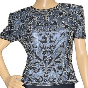 Adrianna Papell Evening silk blue beaded vintage top small